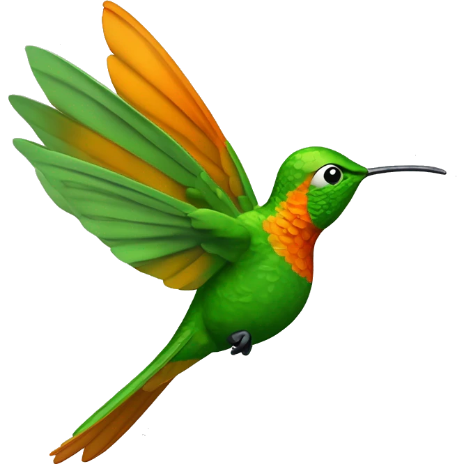 El colibrí simboliza equilibrio y movimiento, cuerpo  tonos verdes y naranjas suaves. Su expresión es amigable y sabia, con ojos grandes y cálidos que transmiten cercanía. El pico ligeramente inclinado hacia abajo refleja concentración y reflexión. emoji