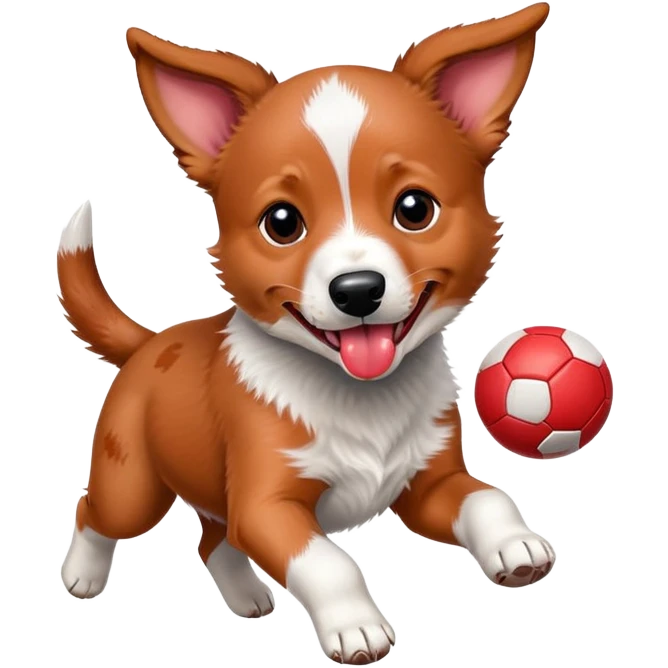 Playful red heeler puppy with tongue out, running with a ball emoji