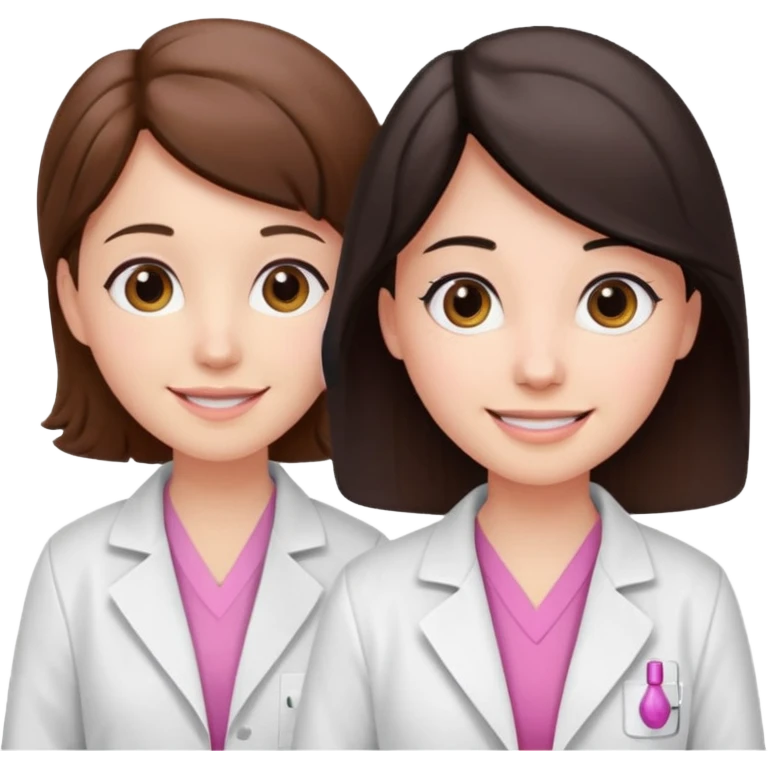 cientificas con blusa rosa y bata blanca felices, una chica con pelo marrón y otra chica con pelo negro emoji