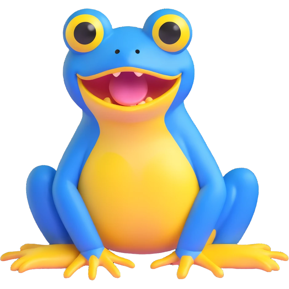 blue frog with a big yellow mouth and wide eyes, sitting, looks silly and sweet, suitable for kids, daily expression, circle time helper emoji