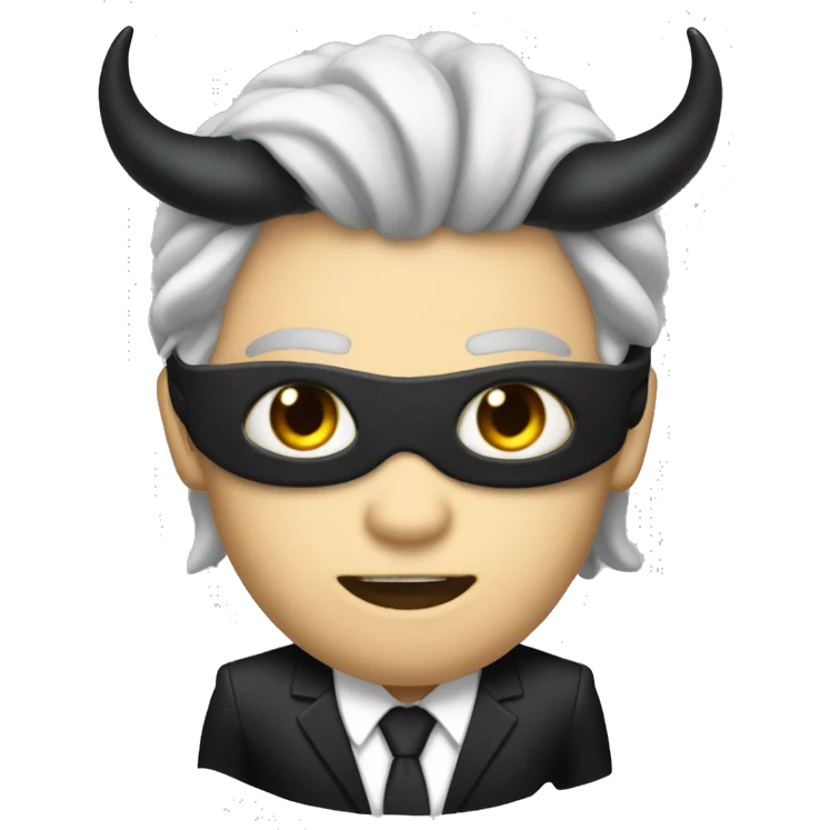 It's a male. It has white skin. It has black demon horns. It has black hair and long hair. It has a blindfold on eyes. It has sharp teeth. It is dressed in a black suit with a black tie. It is Devil. emoji