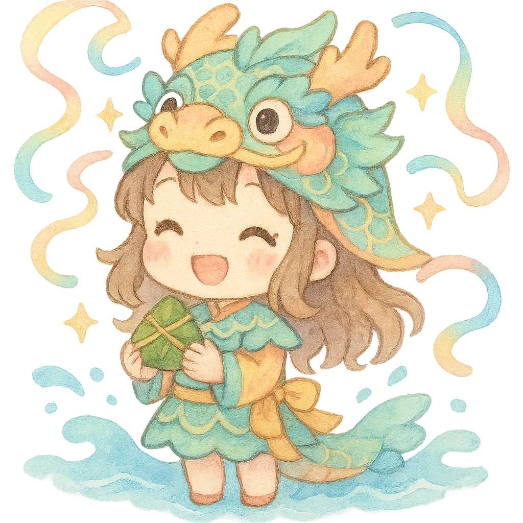 chibi girl wearing a pastel dragon boat outfit, smiling and holding a rice dumpling, with floating colorful ribbons, sparkles, soft waves, festive Dragon Boat Festival mood, kawaii, watercolor, pastel, fluffy emoji