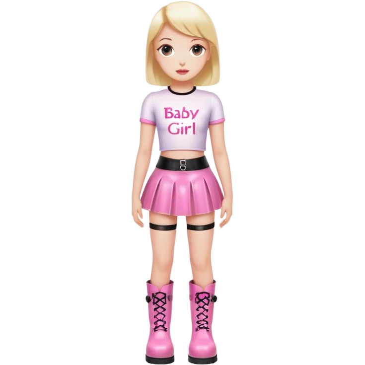 Mini latex skirt and boots and short top with pink inscription “Baby girl” emoji