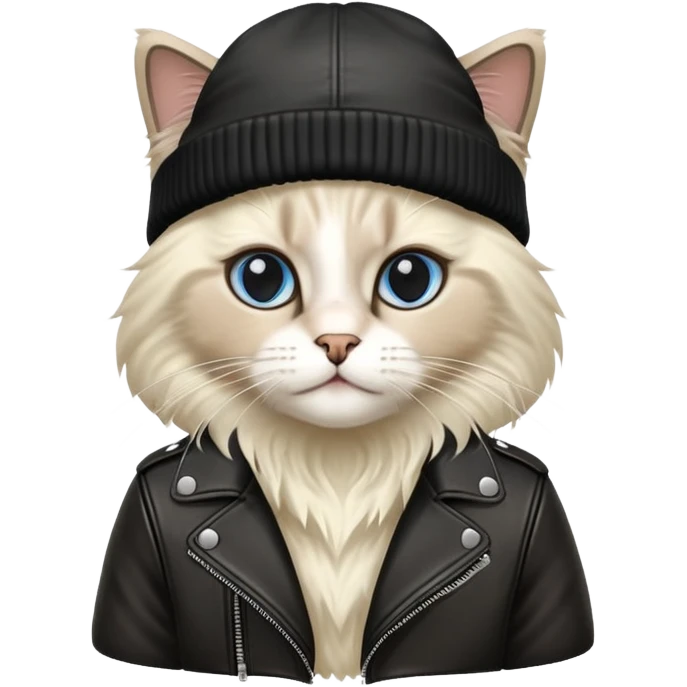 A ragdoll cat wearing a leather jacket and a beanie emoji