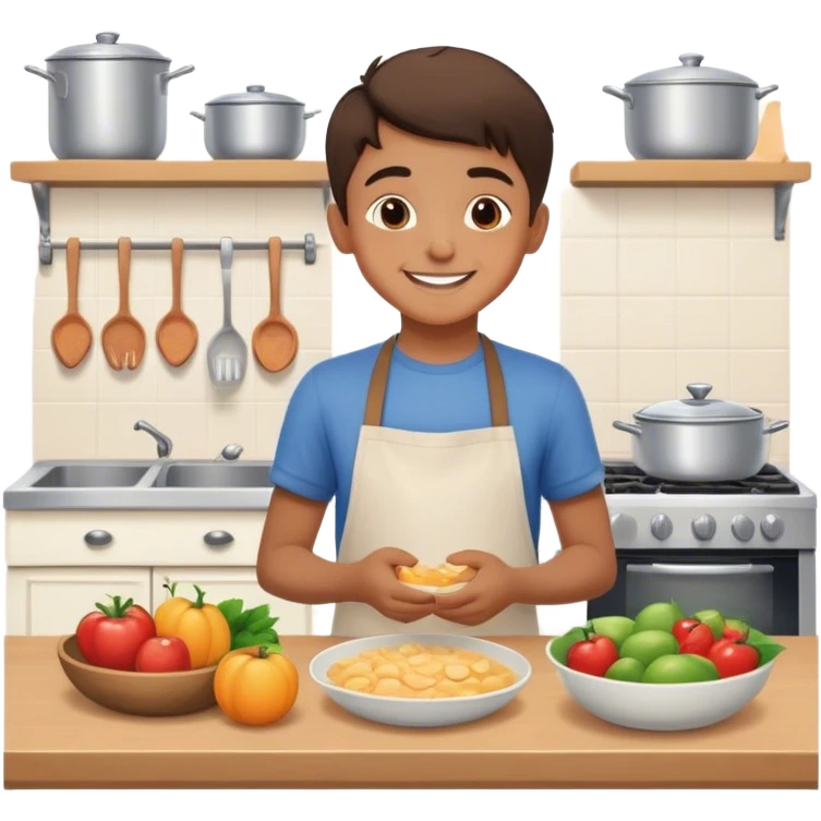 smiling boy in kitchen with food emoji
