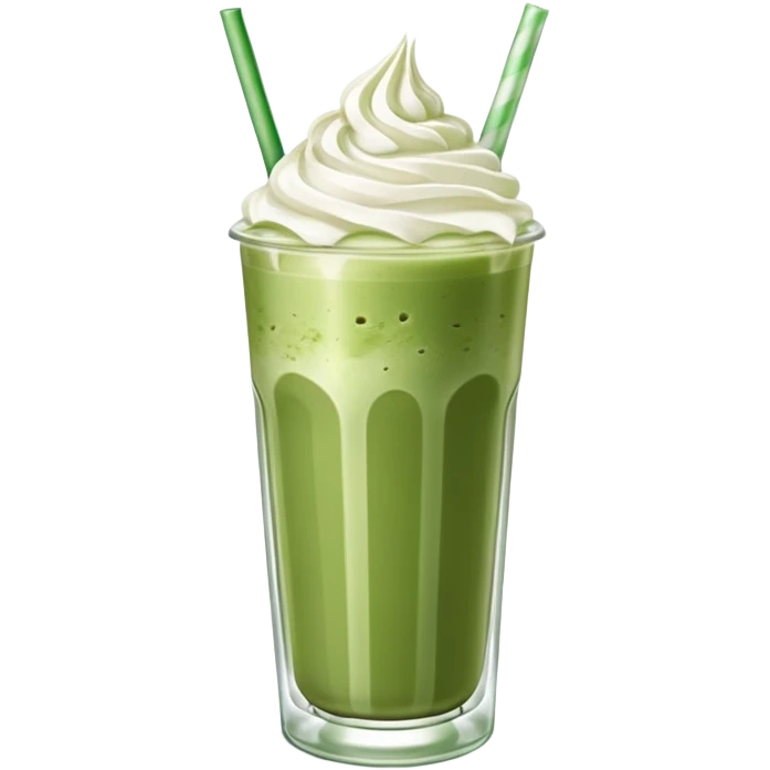 iced matcha latte in a tall clear glass with straw and whipped cream emoji
