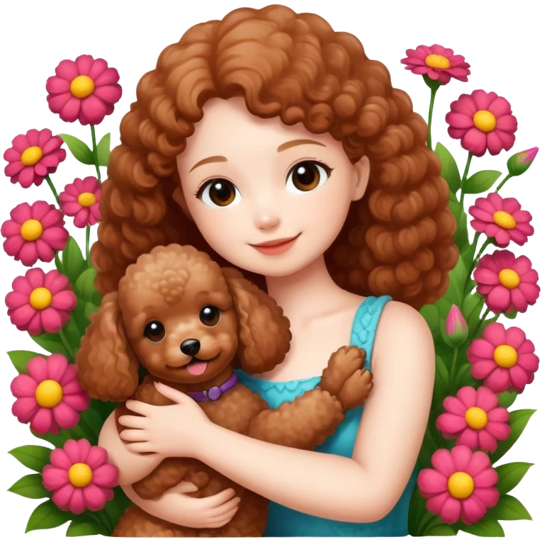 A beautiful girl happily hugs a brown toy  poodle in the flowers emoji