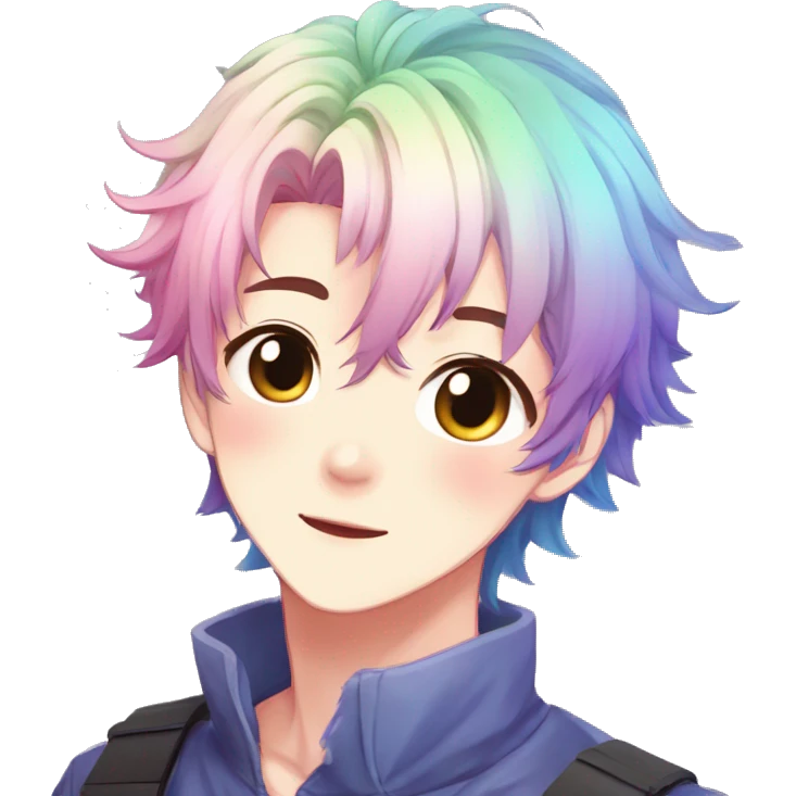 Gorgeous anime style shojo man with blushing face aesthetic and pretty colorful shiny gradient pastel hair trending style emoji