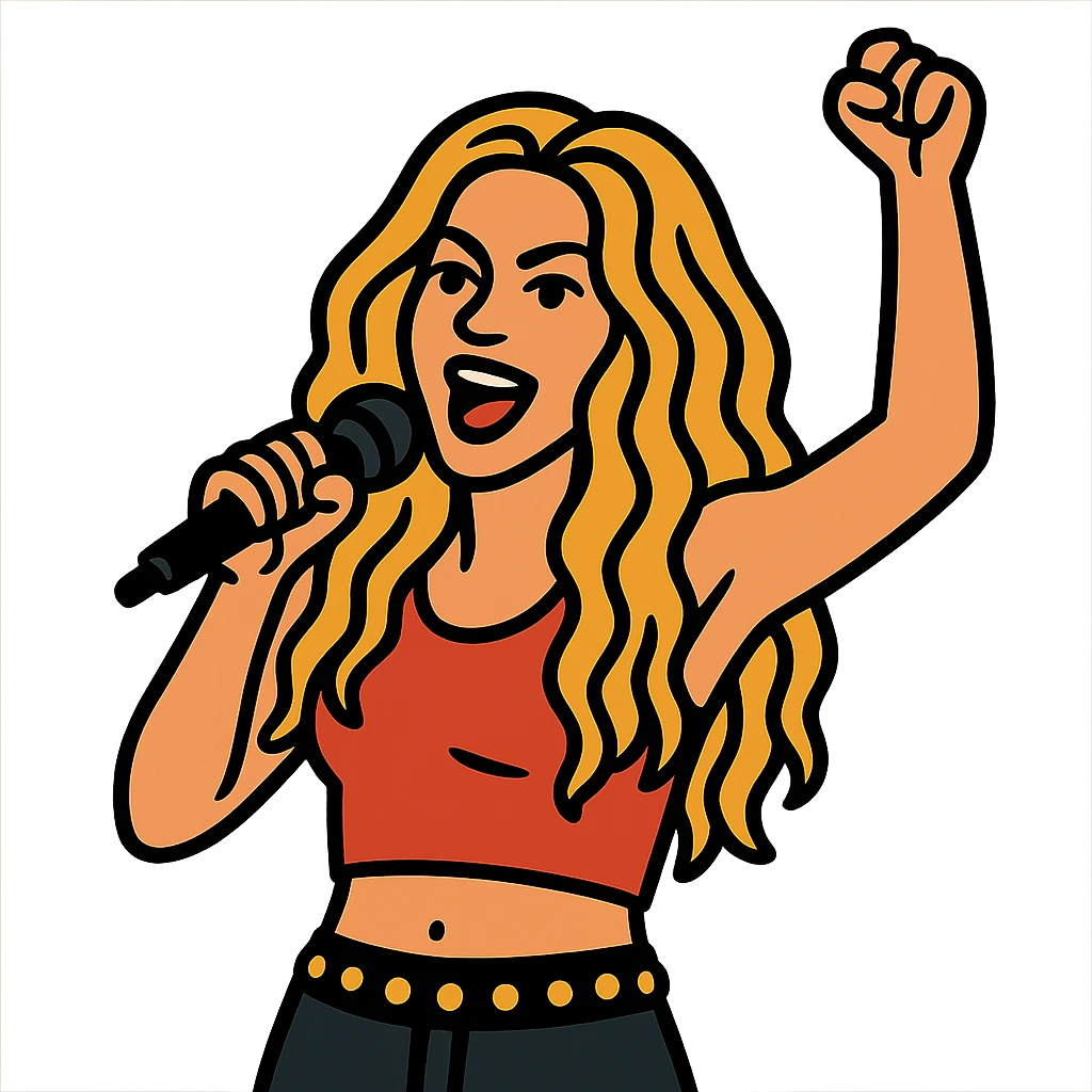 Shakira in flat toon style, bold lines, energetic emoji