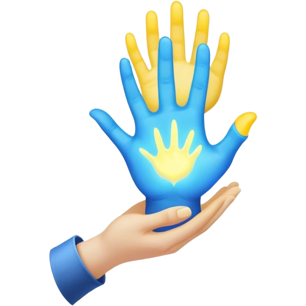 a hand being held by a glowing blue hand and a glowing yellow hand souls emoji