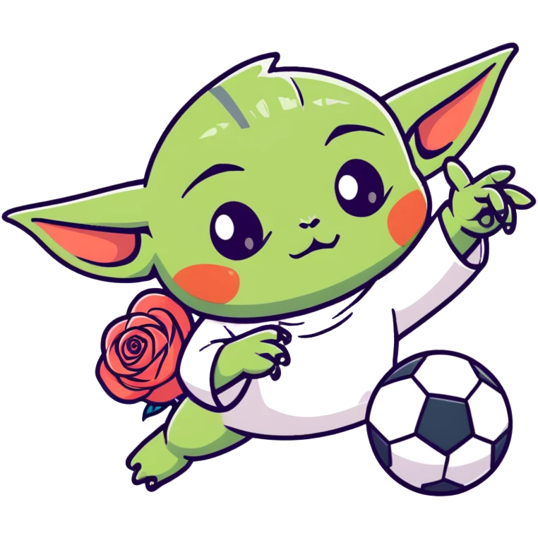 baby yoda kicking a soccer ball with small roses beside him emoji