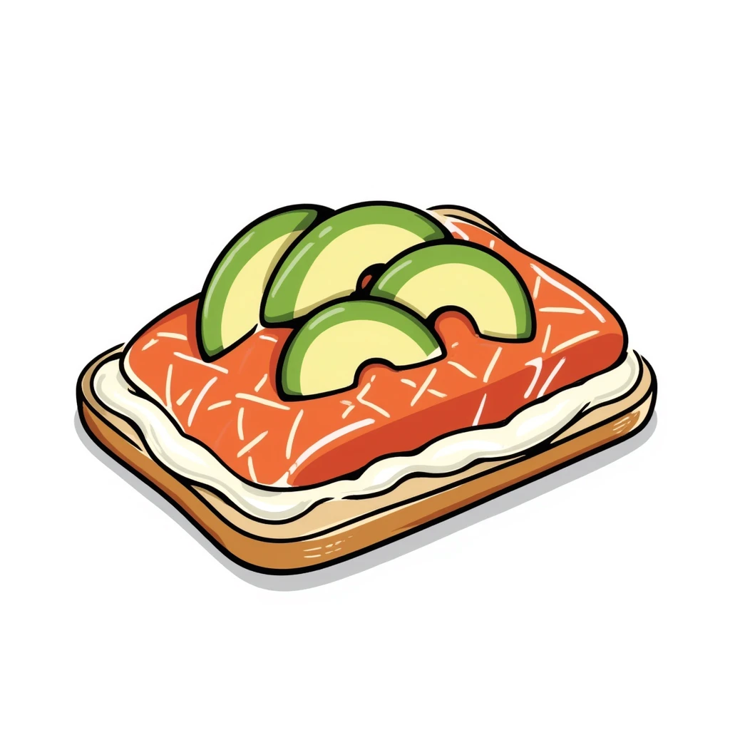 salmon open toast with white sauce and avocado emoji