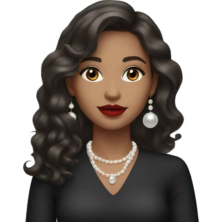 lit brunette young girl with long wavy hair, red lipstick and grey eyes, with pearl earrings and black dress  emoji
