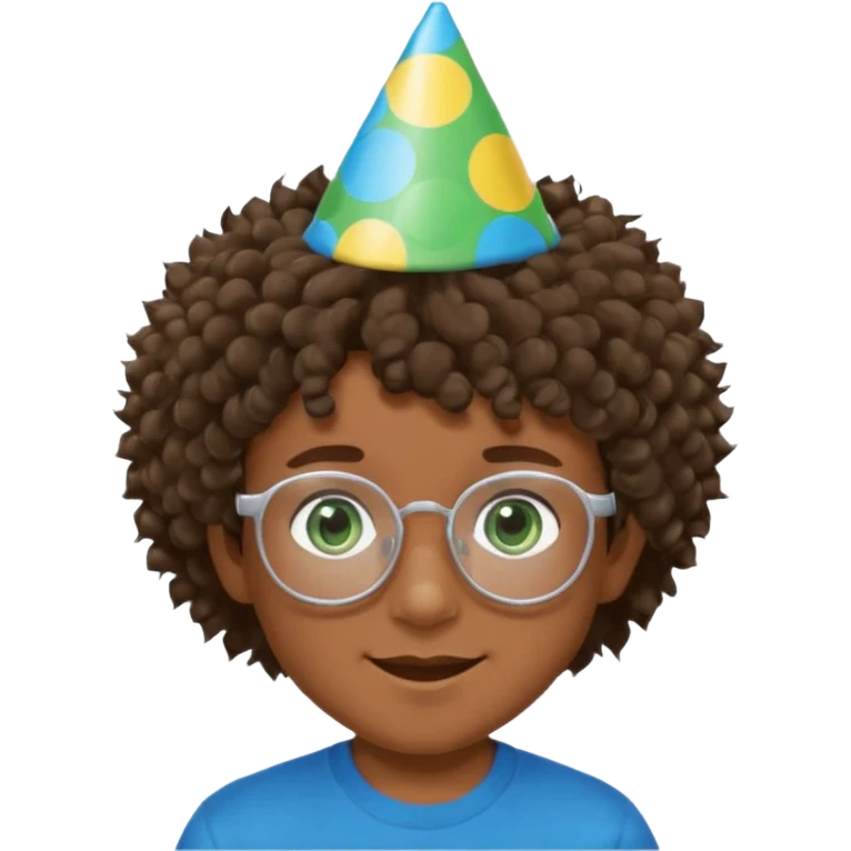 A boy with curly brown hair and green eyes with a happy face, and wear square glasses.He’s also got a full silver birthday party hat on his head with blue pom poms on top of it, and his T-shirt is all black, he wears a little gold circle earrings on his left  emoji