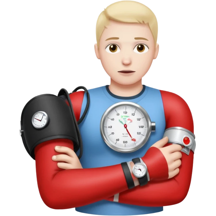 blood pressure cuff wrapped around upper arm with dial reading emoji
