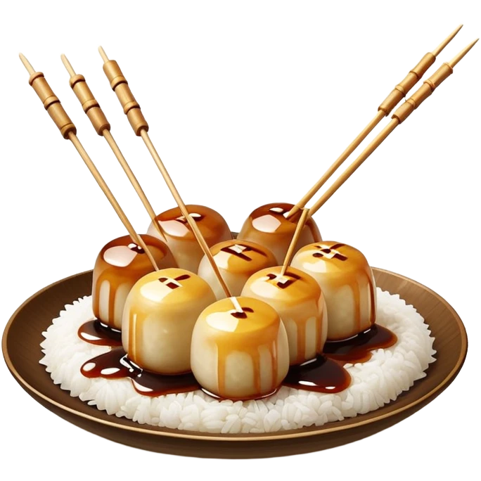 Mitarashi dango with shiny soy sauce glaze drizzled over white rice dumplings on a bamboo skewer emoji