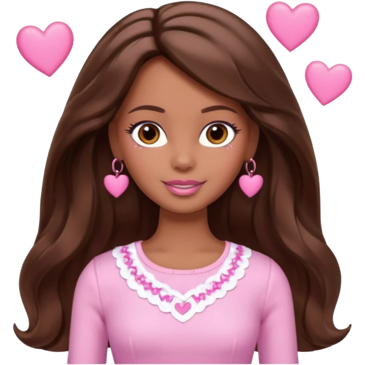 Barbie girl and  makeup , brown long straight wavy hair and brown eyes is In pale pink clothes There are pink hearts all around emoji