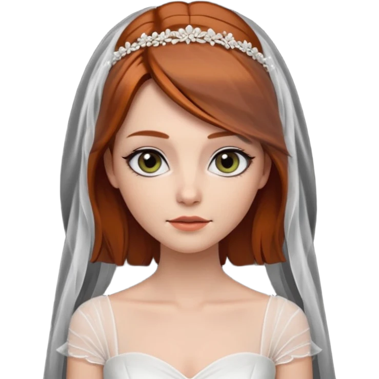 милая девушка невеста с фатой, с рыжими прямыми волосами по плечи, с черными макияжем глаз, тонкими бровями, в стиле Apple avatar emoji