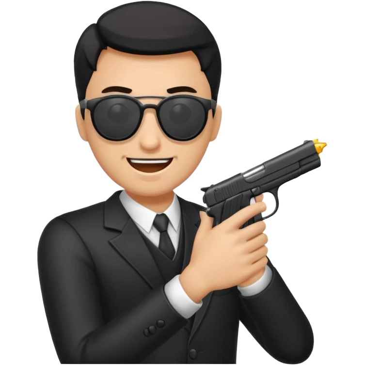 Quiero un emoji con lentes negros con una pistola automática en la mano riéndose y pasandose la pistola por la cara emoji