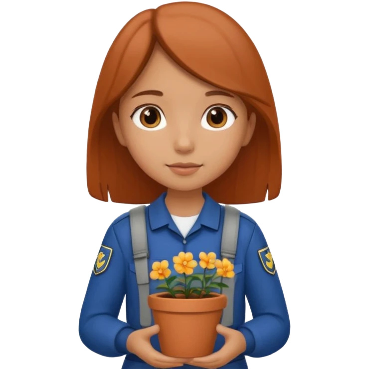 young girl wearing packpack, wearing uniform, holding a flower pot emoji