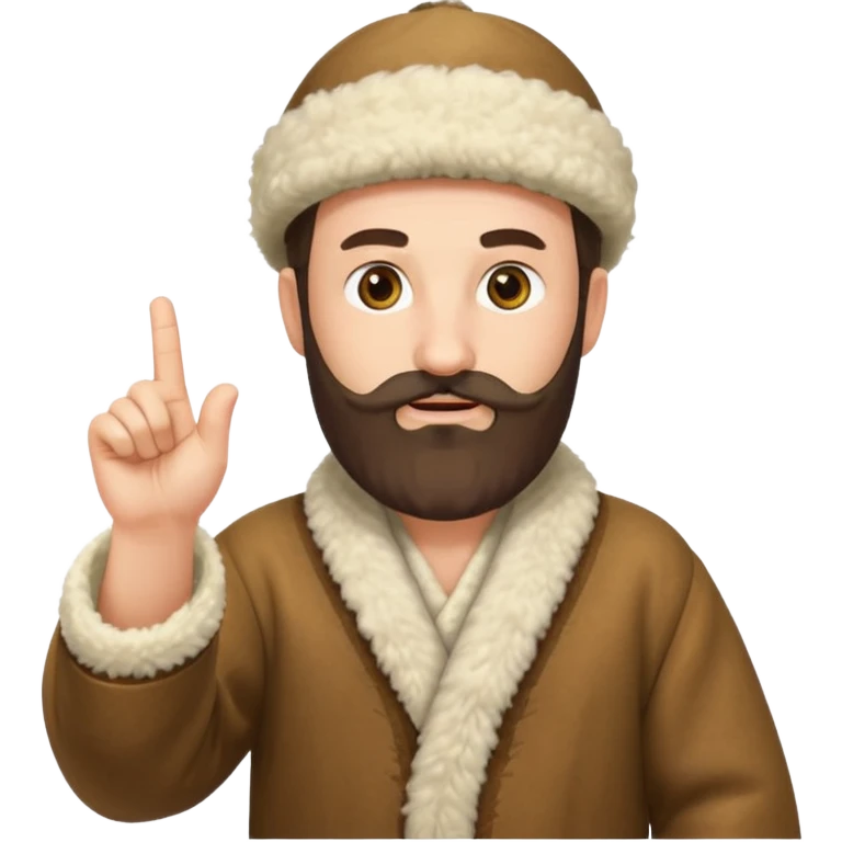Create an emoji-style illustration of a Caucasian man from the Caucasus region, wearing a traditional woolen papakha hat and a robe made of sheepskin. He has a thick beard and is pointing one finger upward. The style should be simple and expressive, like an emoji. emoji