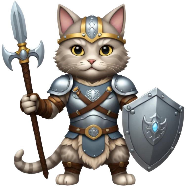valorous Viking cat in Valhalla, detailed armor, heroic pose, glowing sky emoji