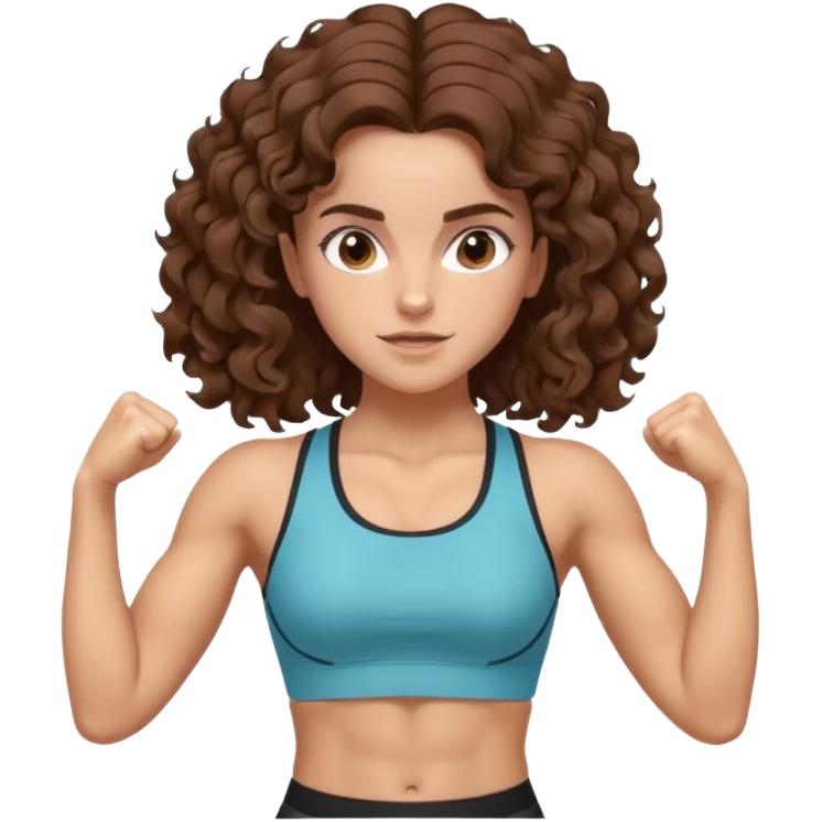 full body, very beautiful italian girl, looking like Emma Watson, with curly and big volume very bright brown hair, workout clothes, flexing muscles

 emoji