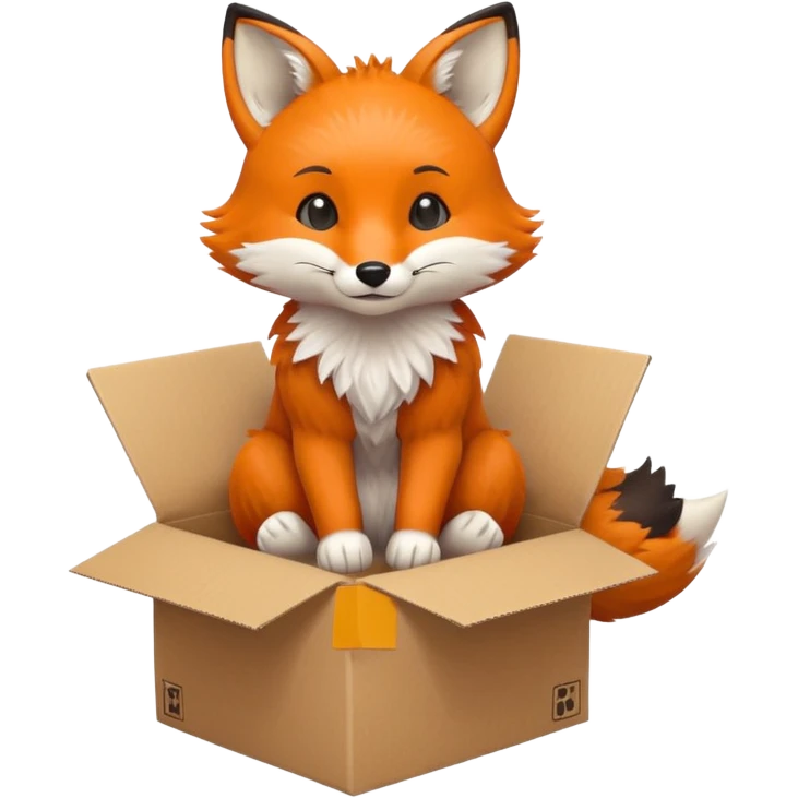 cute fox sitting in a cardboard box, playful expression, kids toy aesthetic emoji