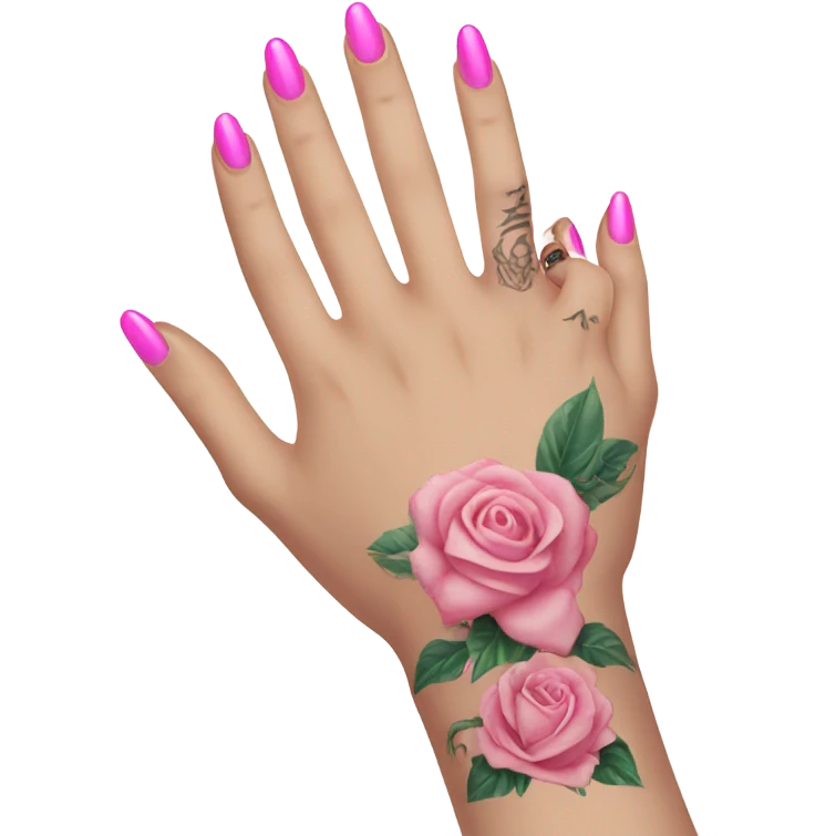 White girl arm with pink nails and tattoos emoji