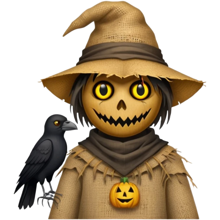Scarecrow, Torn clothes, stitched mouth, glowing eyes, crow perched on shoulder. emoji