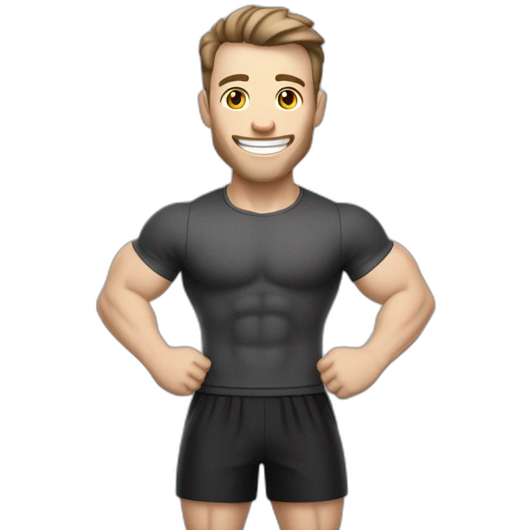 Joyful Celebrating victory Pale skinned Fit Man With the biceps and dark brown hair in black shirt, gray sports shorts and white Sneakers emoji