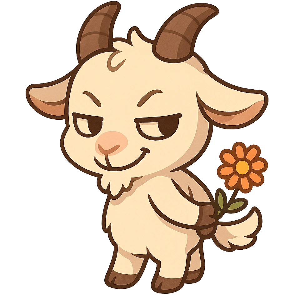 chibi goat, mischievous, holding a flower behind its back, sly smile, simple background emoji