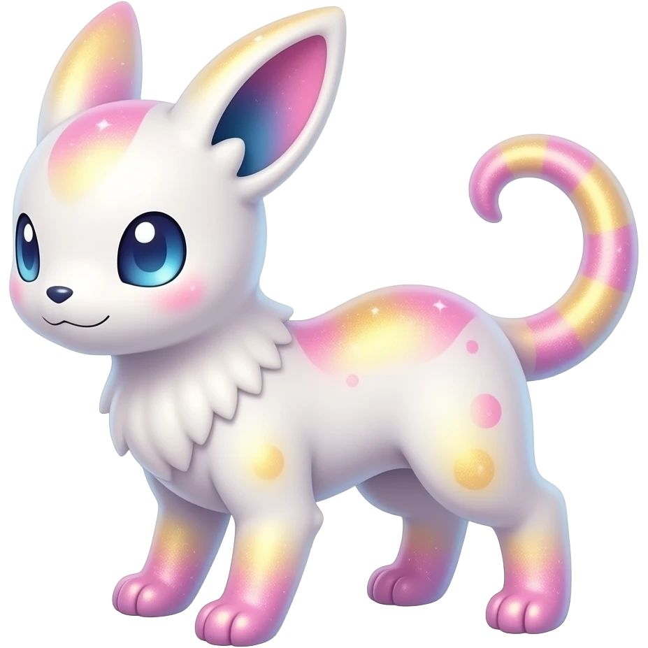 Rare realistic exotic pastel whitish pinkish yellowish gradients shiny sparkly divine celestial spiritual iridescent cute epic pretty beautiful handsome gorgeous aesthetic colorful vibrant Vernid-Trico-species-Fakemon-creature by LiLaiRa, 4 legs, 1 tail, random markings, (full body) emoji