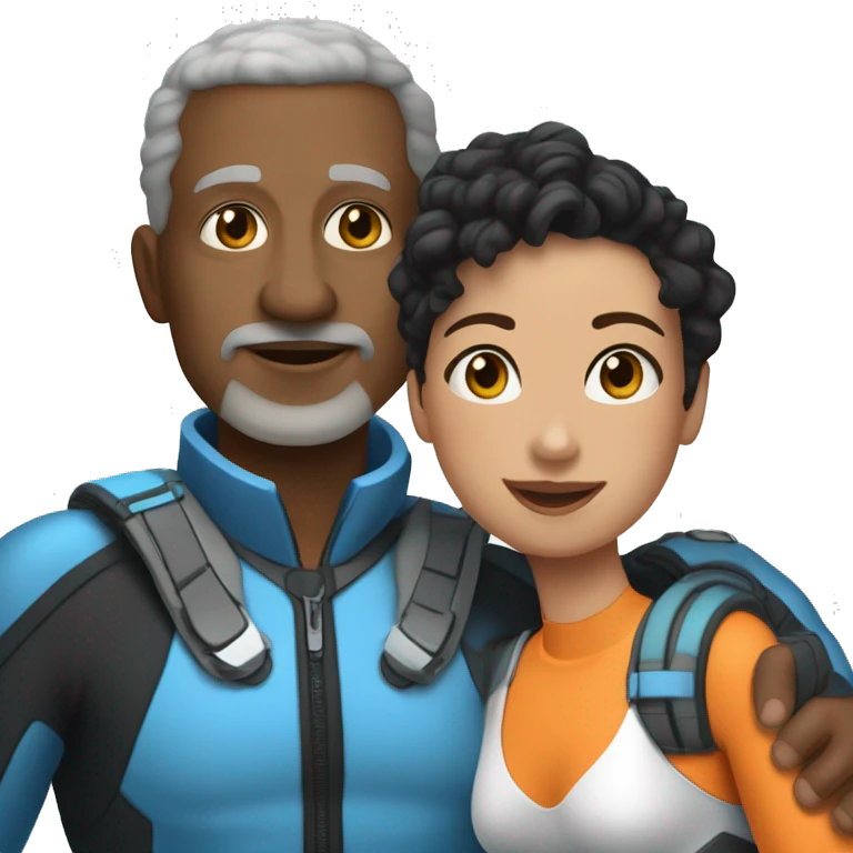 40 year old woman with light brown skin and short curly black hair, holding the hand of a 50 year old white man with short gray hair, both people dressed in snorkel gear emoji