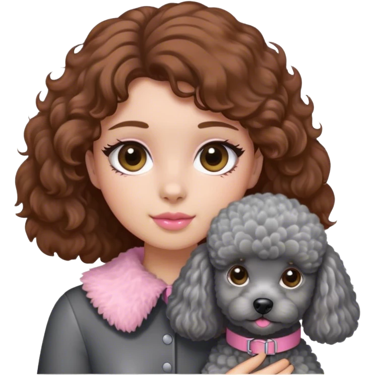 A girl with caramel brown hair holding a grey poodle emoji