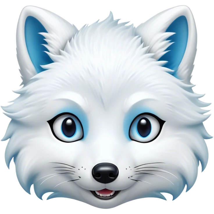 Cinematic Comical Arctic Fox Portrait Emoji, Head tilted dramatically with an exaggeratedly amused expression, featuring a striking, glossy white Fur with bold icy blue accents and wide, expressive eyes filled with playful disbelief, Simplified yet hilariously expressive features, highly detailed, glowing with a slightly sassy glow, high shine, dramatic yet playful, stylized with an air of cheeky arctic mischief, bright and endearing, soft glowing outline, capturing the essence of a spirited and over-the-top arctic fox, so meme-worthy it feels like it could side-eye its way into internet fame instantly! emoji