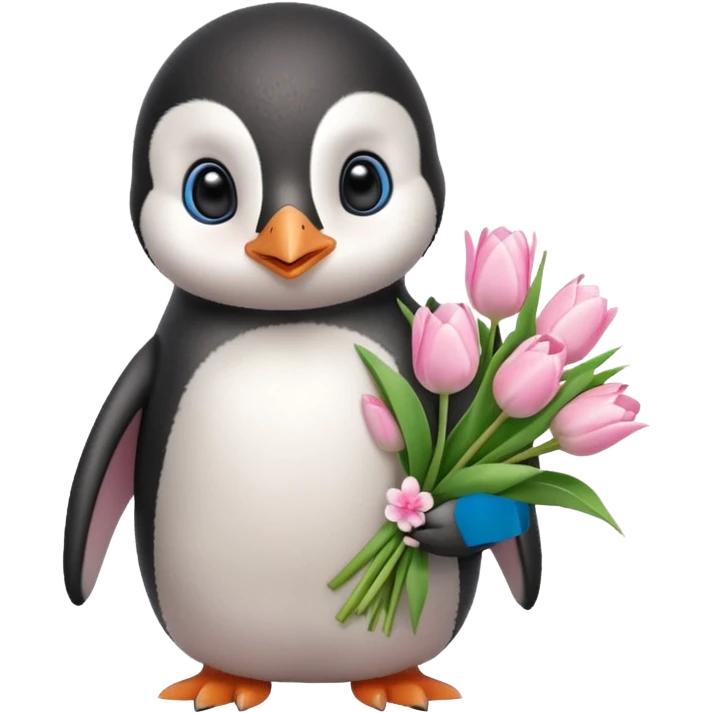Cute baby penguin holding flower bouquet wraped in white paper and all flowers tulips in pink colour emoji