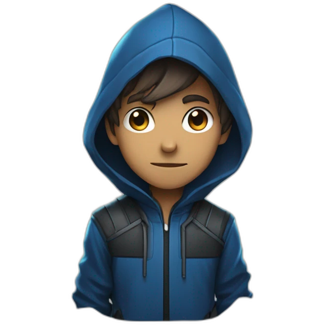 Boy brown developer left side behind his laptop with this style: Valorant Riot Game blue character blue black hooded hacker  emoji