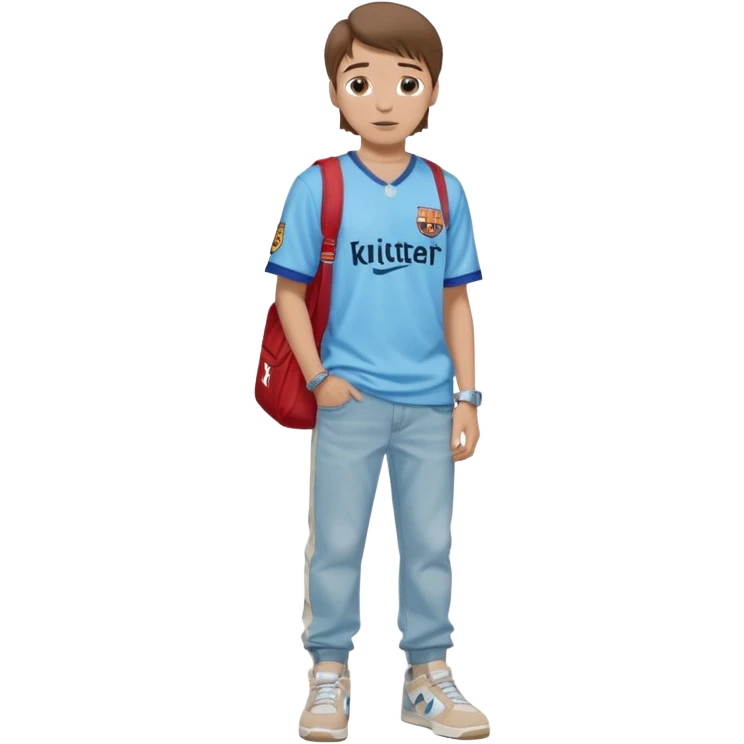 Junge mit braunen Haaren und Seitenscheitel, mit einer hellblauen Jeans baggyhose , einem beigen Trikot  vom fc Barcelona , coole Pose , Jordan 4 in beige an seinen Füßen , silberne dünne Kette um Hals  emoji