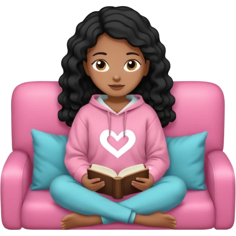 Una chica linda de cabello negro con ondas hasta los hombros de piel blanca con una sudadera rosa en un sofá cómodo y hermoso leyendo la biblia emoji