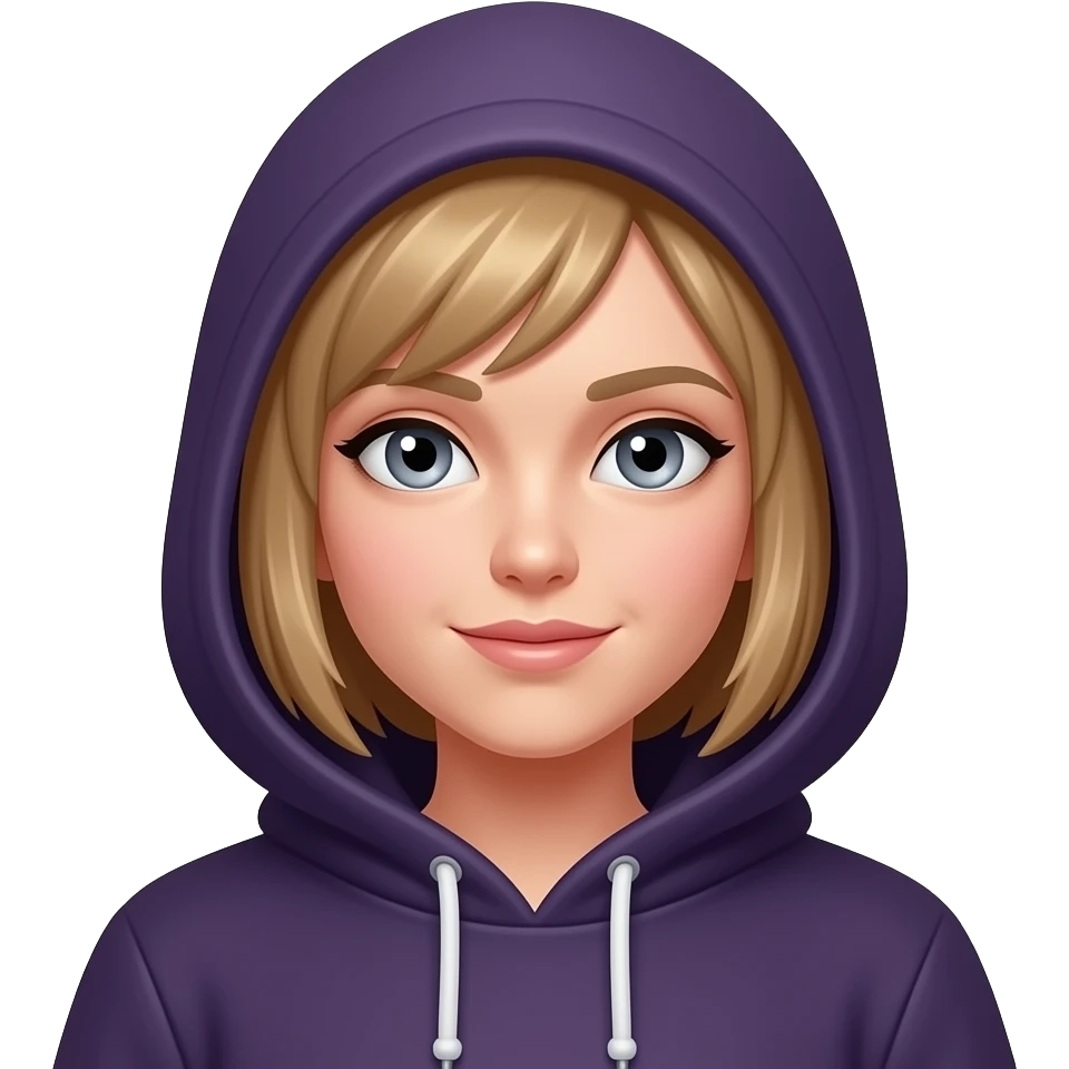 Like the reference (hacker girl with black hoodie), but with gray eyes, and the hoodie is dark purple. Hair a darker blonde. The hoodie is up. emoji