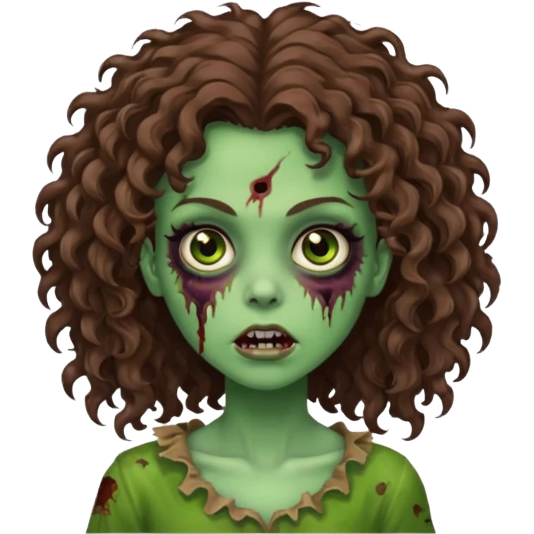 Faça uma garota zombie de cabelo cacheado castanho, olhos castanhos escuro e pele verde d zombie, com o cabelo grande emoji