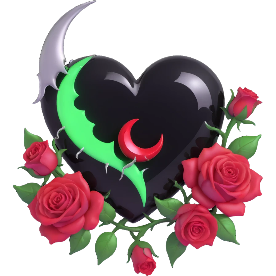 gothic heart made of jet black glass, silver crescent moon, blood red roses, holographic stardust, neon green lightning, wet and cracked glass emoji