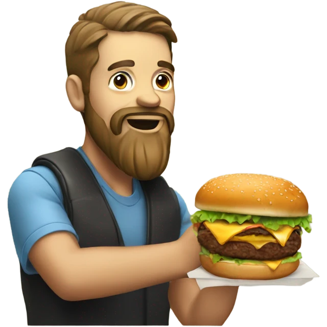 male portrait with beard eating burger emoji