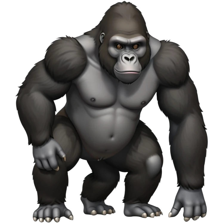 cinematic-friendly relaxed gorilla-realistic-full-body-crouched on all fours-emoji,-poised-with-confidence,-massive-arms-hanging-slightly-forward,-head-tilted-thoughtfully,-thick-black-fur,-deep-dark-eyes-full-of-intelligence,-simplified-yet-realistic emoji