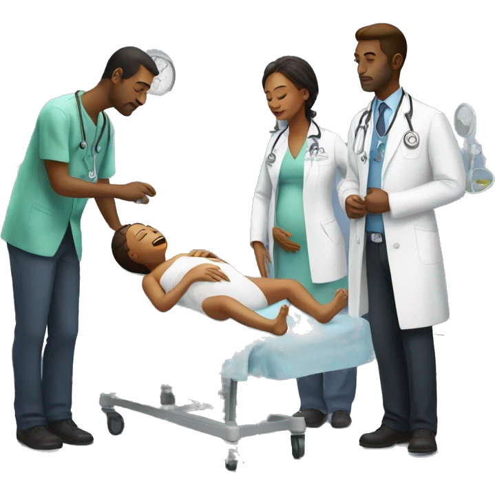 a woman gives birth and doctors stand nearby emoji