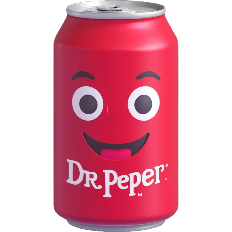 Add a vintage Dr Pepper label to this 3D emoji soda can, keep shiny and simple look, with no background. emoji