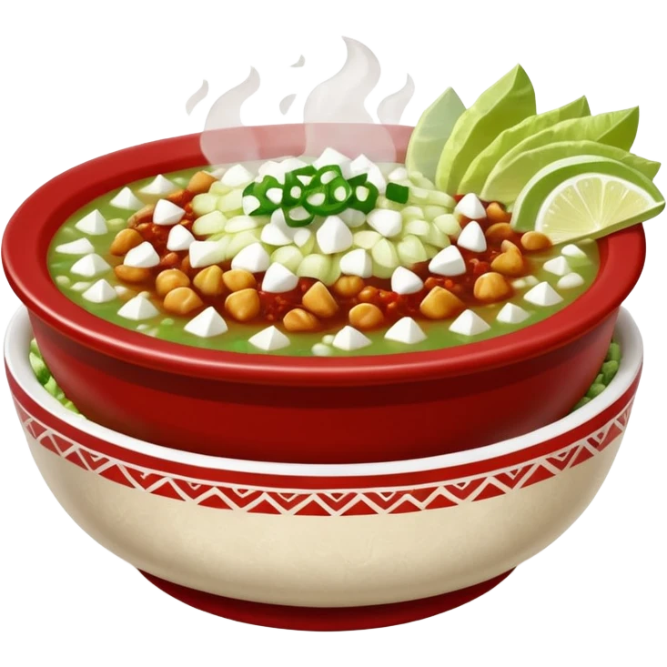 A delicious hot bowl of pozole rojo emoji. Steam rising. Hominy visible. Place the sides next to the bowl: chopped onions, shredded cabbage, lime wedges, red chile de arbol salsa, and full round tostadas with a light smear of sour cream emoji