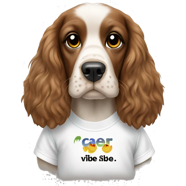 spaniel in a t-shirt with the inscription "clear vibe" emoji