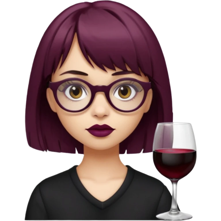 Emoji girl that has mid length brown shaggy cut hair with baby bangs, has hazel eyes and wears half transparent glasses, she is goth and wears wine colored lipstick emoji